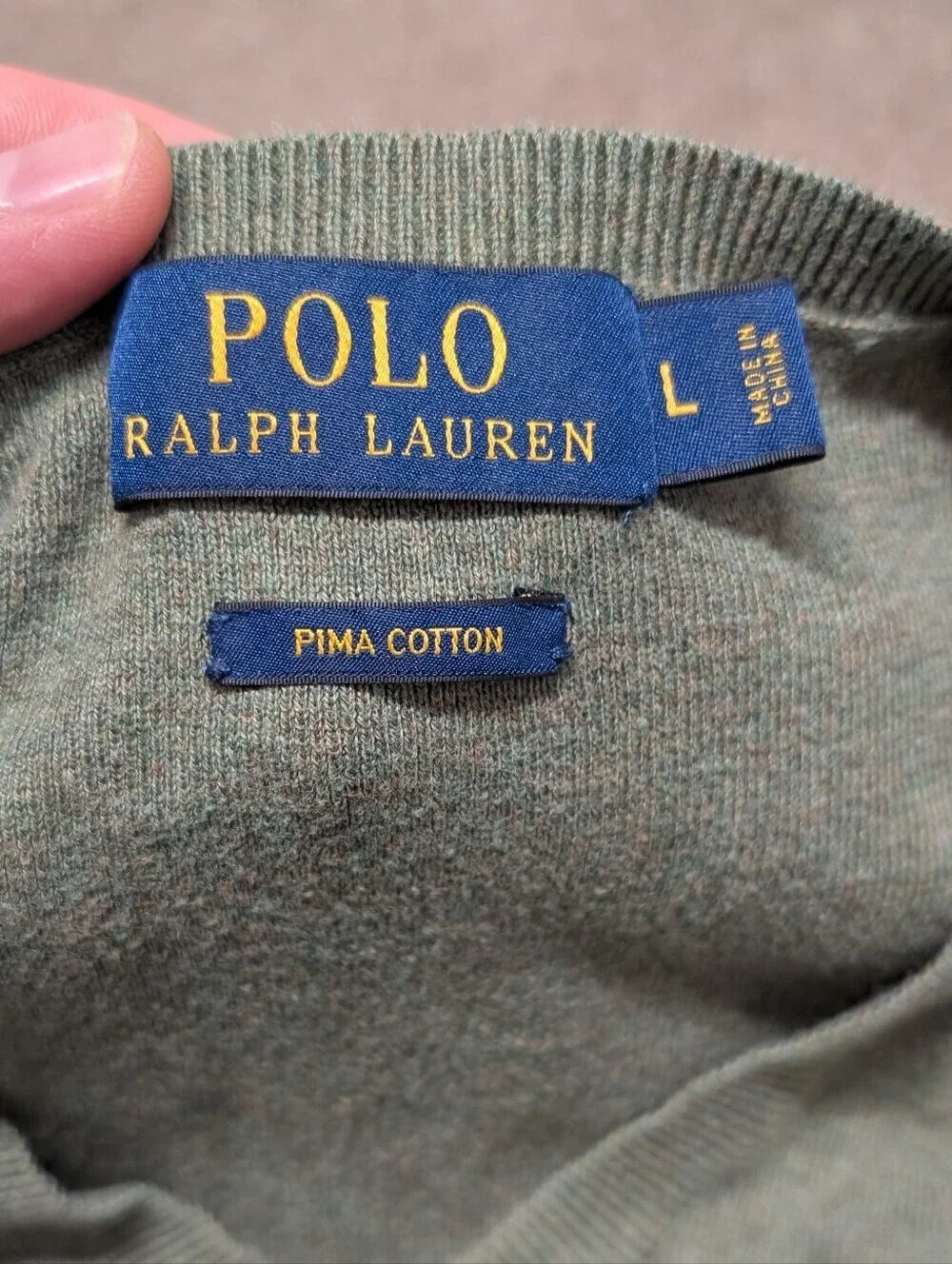 Polo by Ralph Lauren Men's Green V-Neck Pima Cotton Sweater Grandpacore (Large)